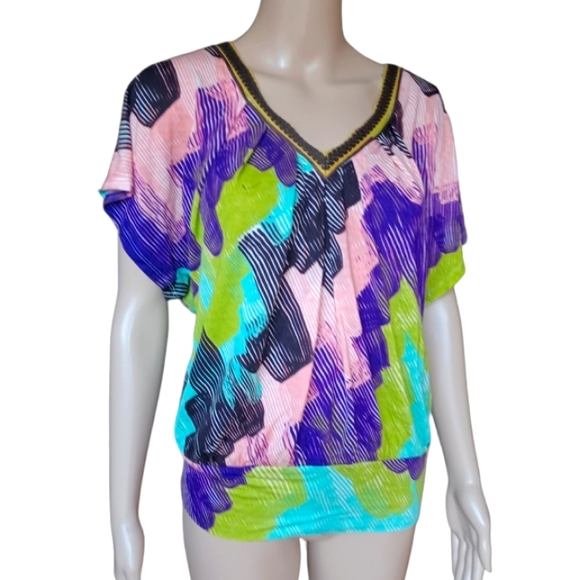 ANTHROPOLOGIE Womens Stretchy V Neck Top Multicolor Short Sleeves Small Petite - Picture 6 of 8